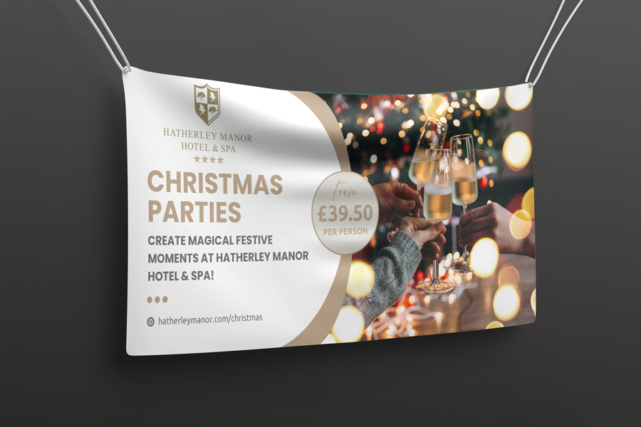 Christmas Party PVC banner design for Hatherley Manor Hotel in Cheltenham
